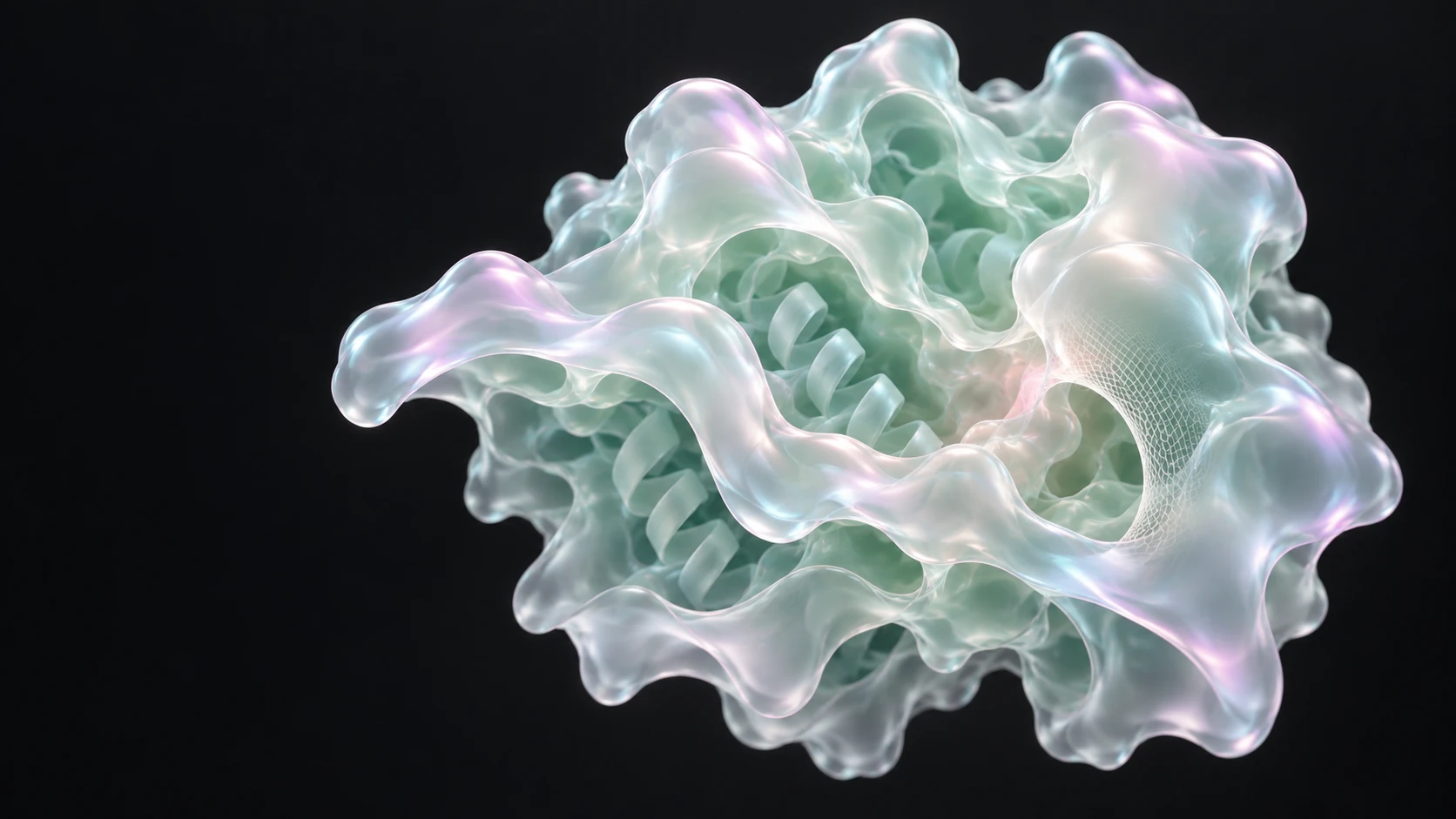 A luminous folded satin-glass form with soft mint and blue reflections.
